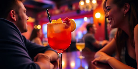 Colorful cocktail in a lively social setting.