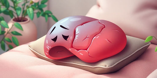 A tired liver resting on a cushion with greenery.
