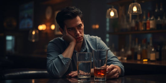 Person alone at bar with an untouched drink, looking worried.