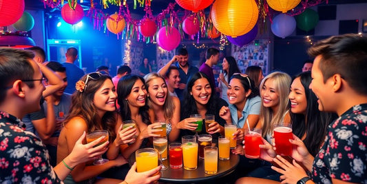 Friends enjoying a lively party with colorful mocktails.