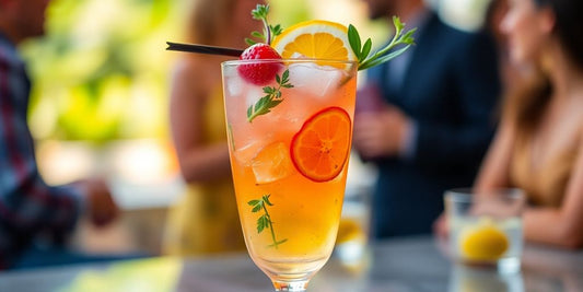 A colorful cocktail with fresh fruit and herbs.