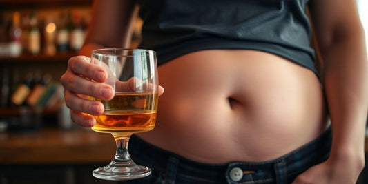 Person with a drink, highlighting alcohol and belly fat.