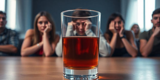 Glass of alcohol with blurred anxious people in background.