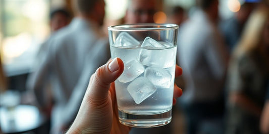 Hand holding a glass of clear drink with ice.