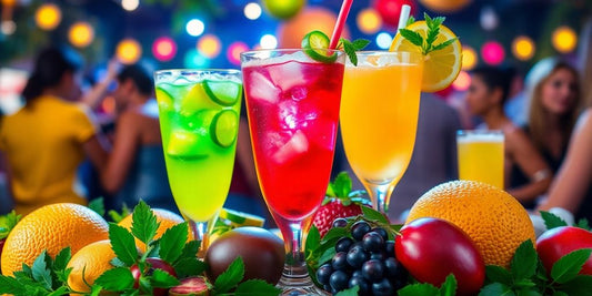 Colorful cocktail surrounded by fresh fruits and greenery.
