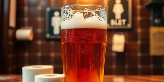 Beer glass with bathroom background and toilet paper.