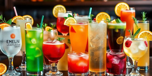 Colorful low and no-alcohol beverages on a festive table.