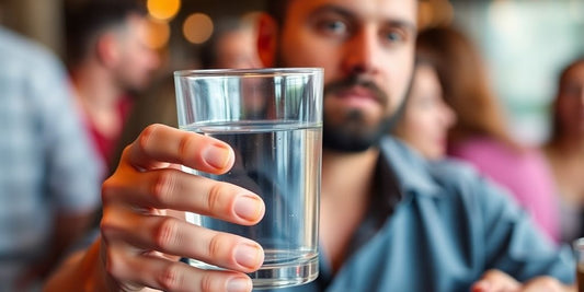 Person contemplating choice between water and alcohol in social setting.