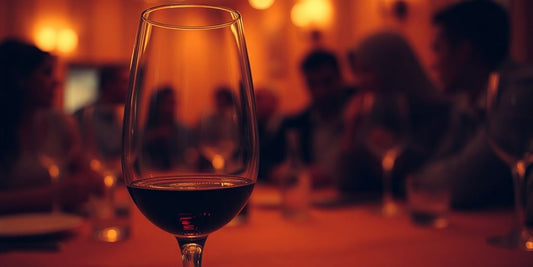 Wine glass in dim light reflecting social drinking atmosphere.