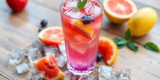 Vibrant drink with fruit and ice on a table.