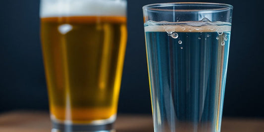 Glass of water next to a glass of beer.