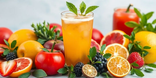 A refreshing drink with fruits and herbs in focus.