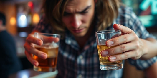 Person losing balance while holding a drink at a bar.