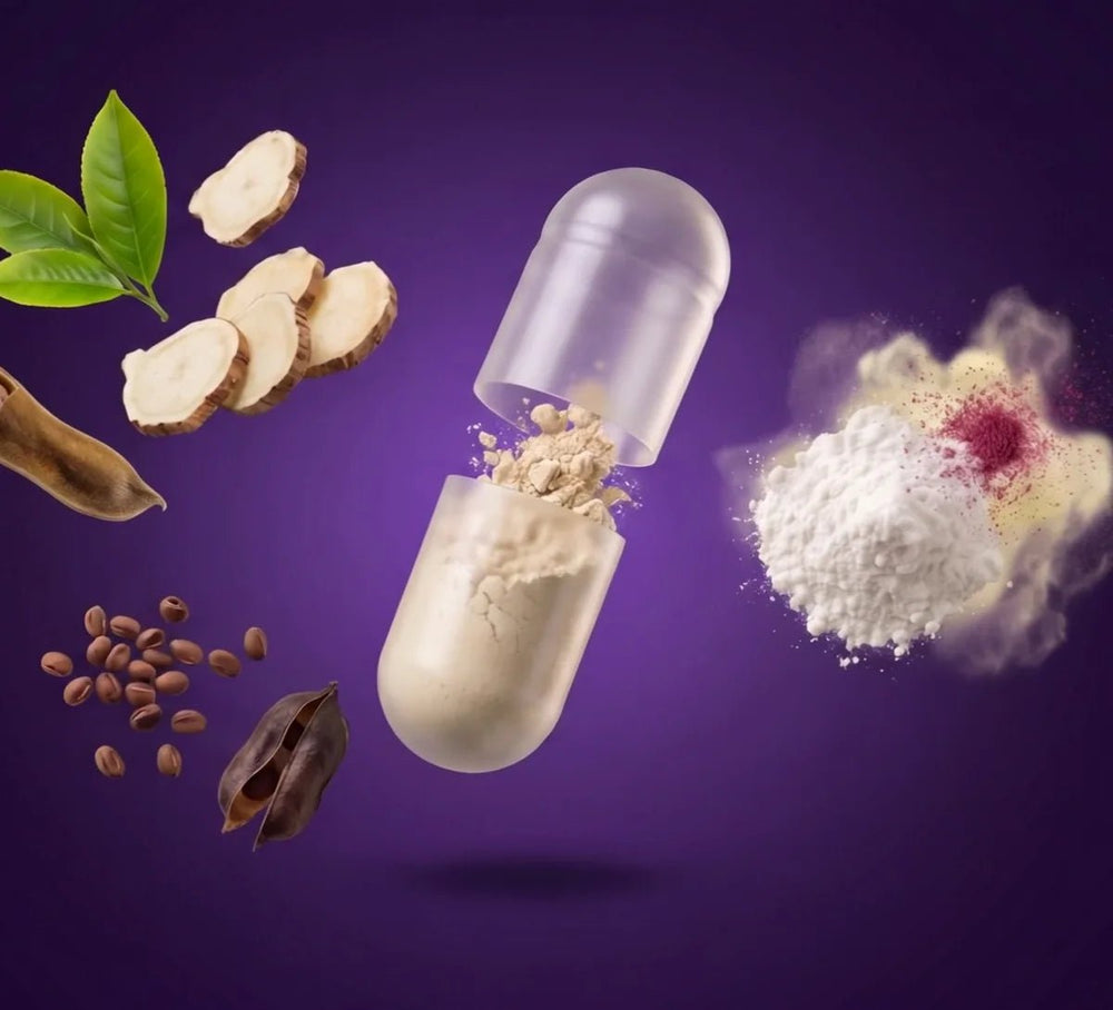 A Crave Away capsule opened: kudzu root and a mucuna pod, B vitamin powder, and griffonia seeds
