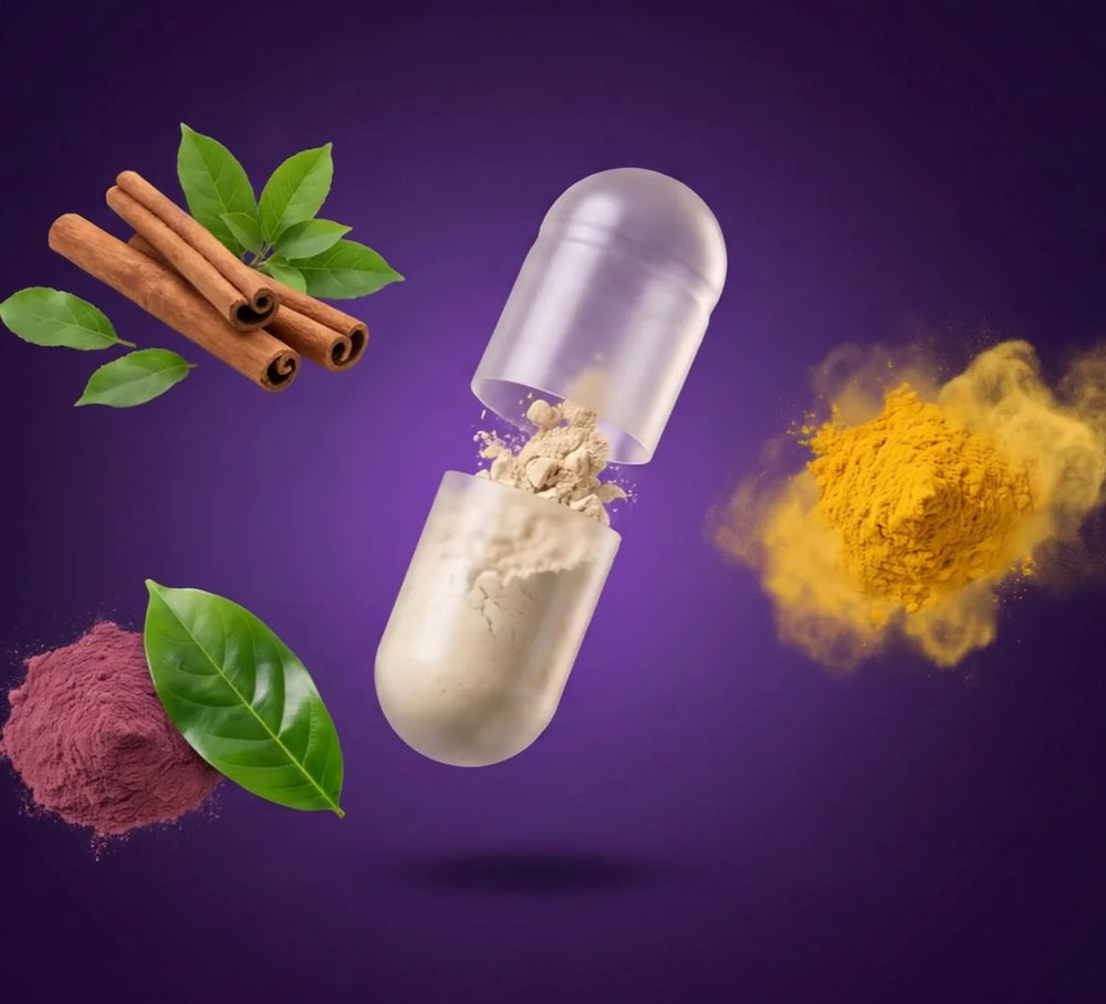 A MetaboSync capsule opened: cinnamon and gymnema leaves, golden dihydroberberine powder, banaba leaves and chromium
