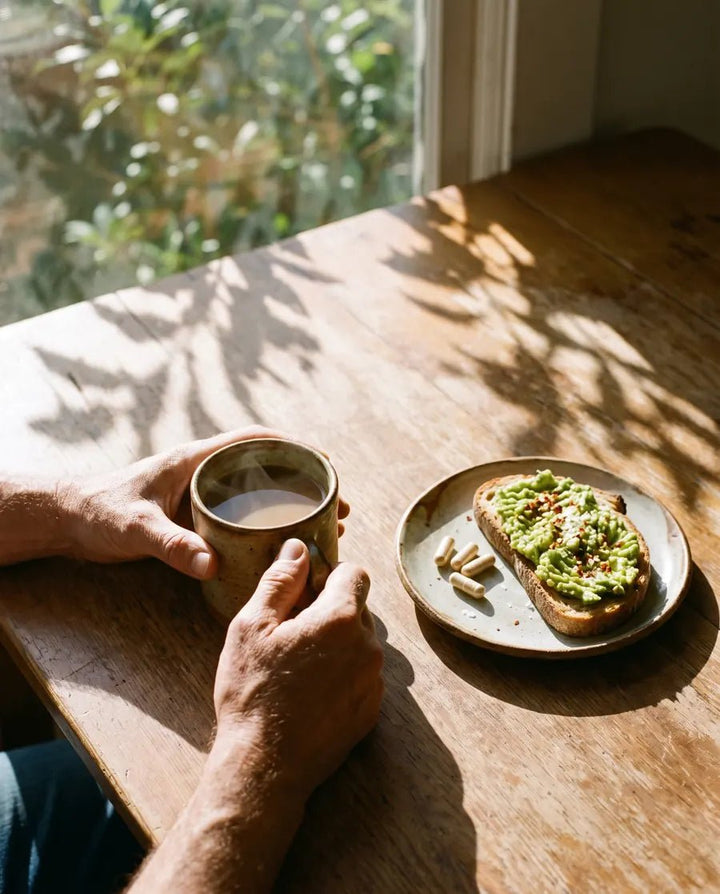 Hands around a morning coffee beside breakfast and capsules