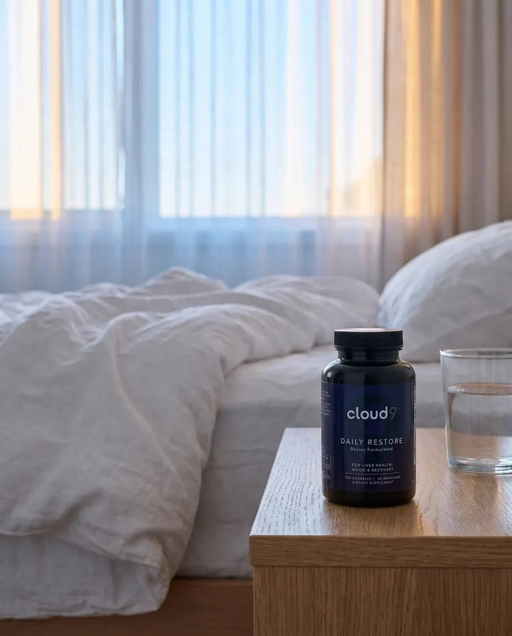 Daily Restore on a nightstand at dawn