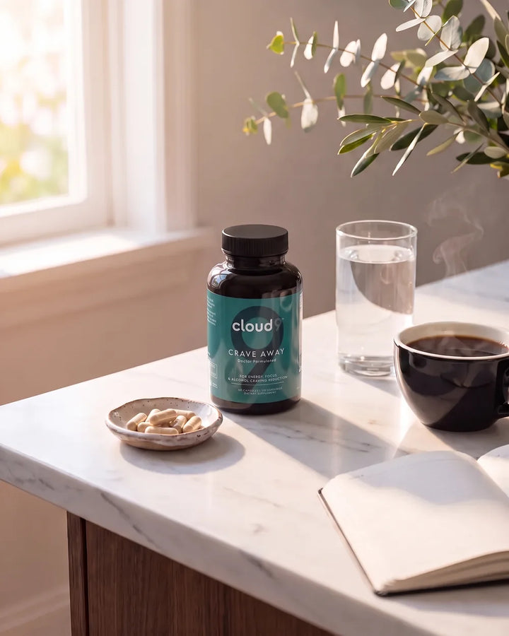 Crave Away on a home-office desk in early-afternoon light with a glass of water and tea