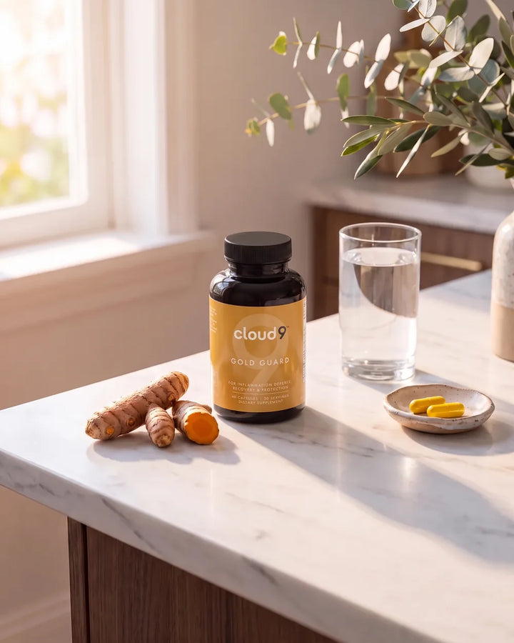 Gold Guard on a kitchen counter beside fresh turmeric root and a glass of water