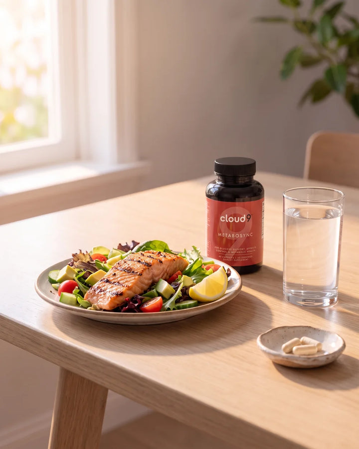 MetaboSync on a dining table beside a salmon salad and a glass of water