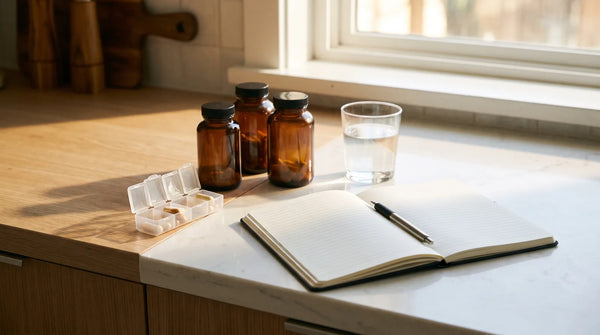 A kitchen counter with a pill organizer, plain supplement bottles and an open notebook