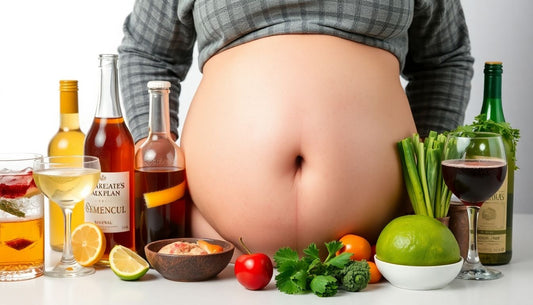Fat belly with alcohol and healthy foods surrounding it.