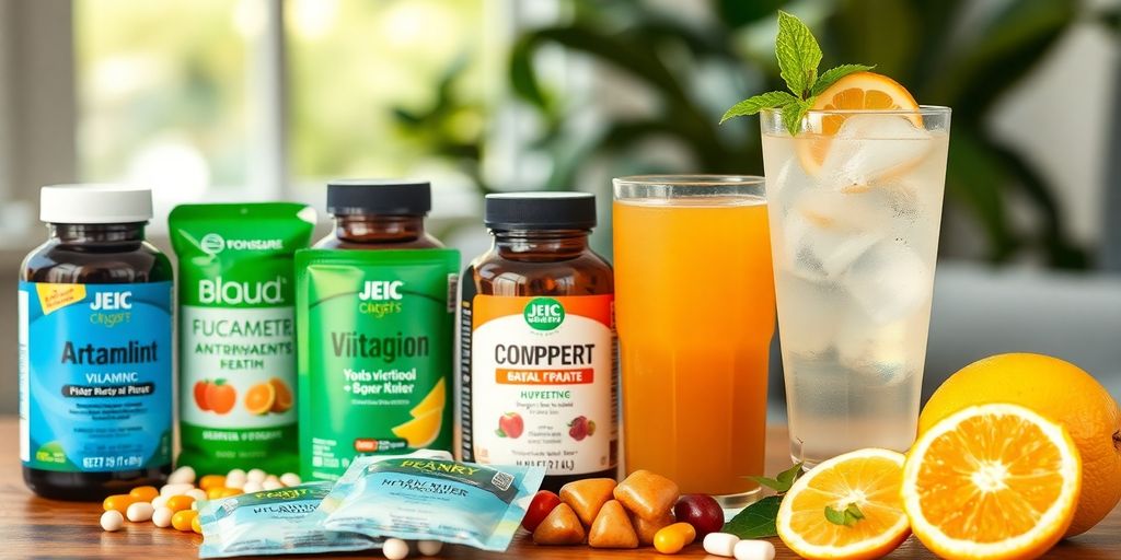 Colorful supplements and fresh fruits for social drinkers.