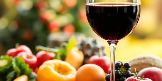 Wine glass with fruits and vegetables in a serene setting.