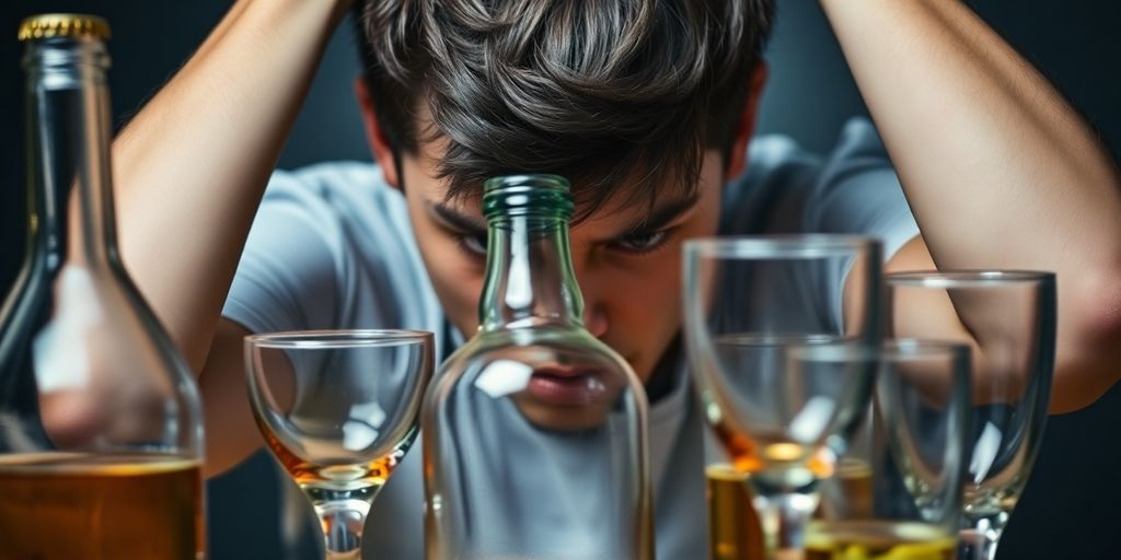 Person holding head with empty bottles in the background.