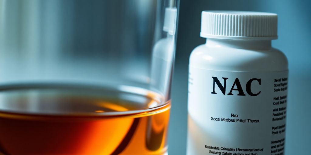 Whiskey glass next to a NAC pill bottle on a table.