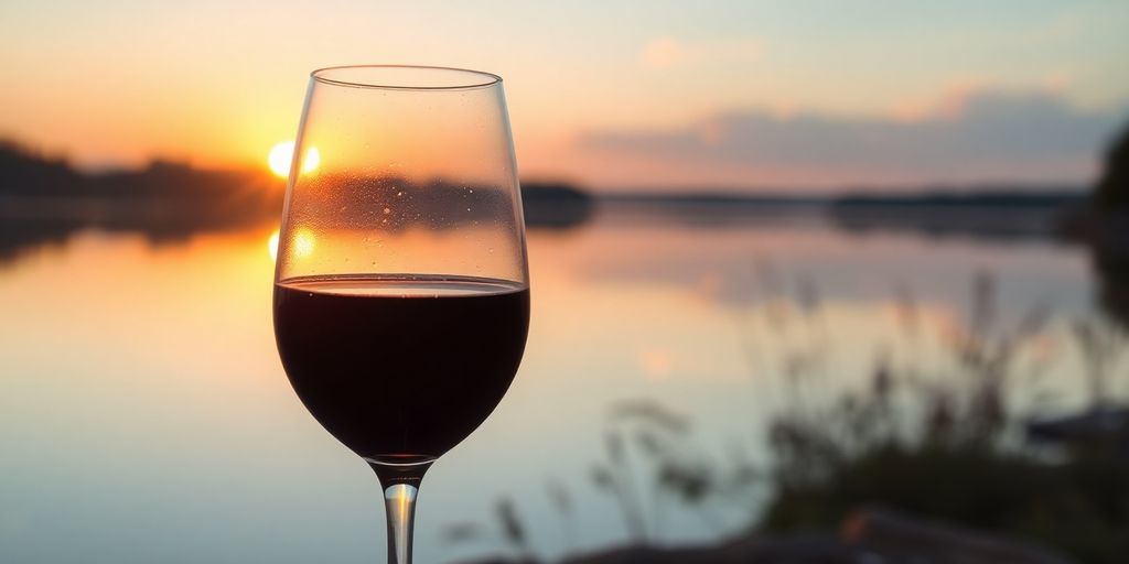 Glass of wine by a peaceful lakeside at sunset.