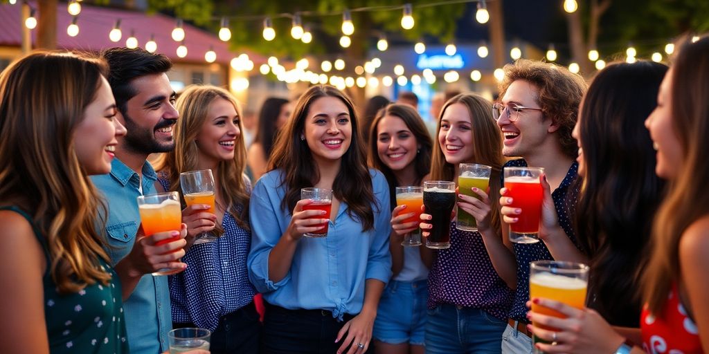 Young adults socializing with colorful mocktails at a gathering.