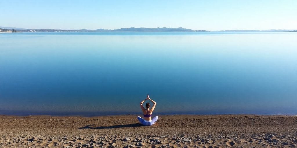 A person practicing yoga by a tranquil lake.