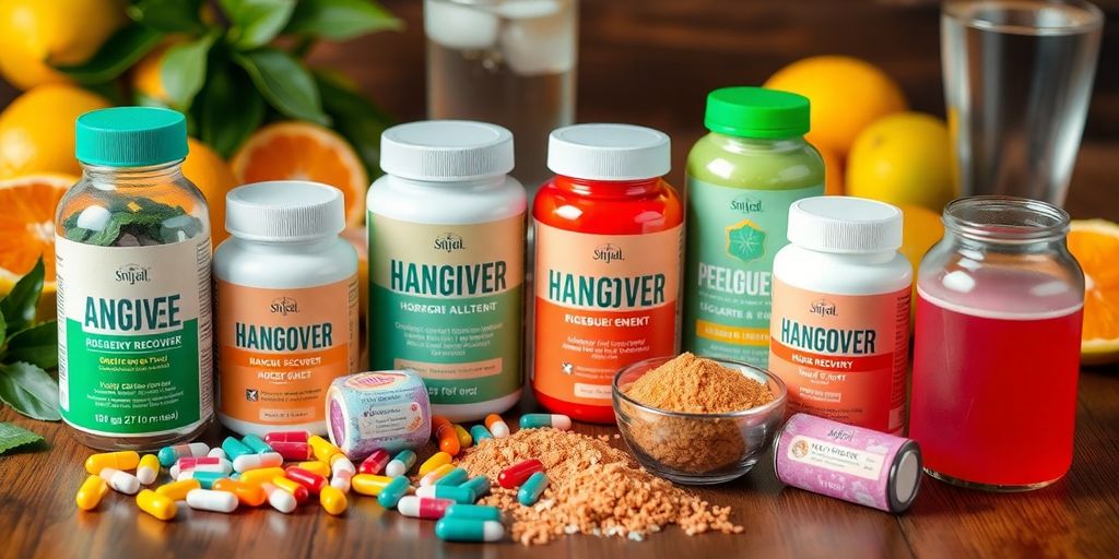 Colorful hangover recovery supplements on wooden table.