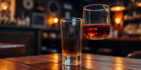Whiskey glass on wooden table in dimly lit bar.