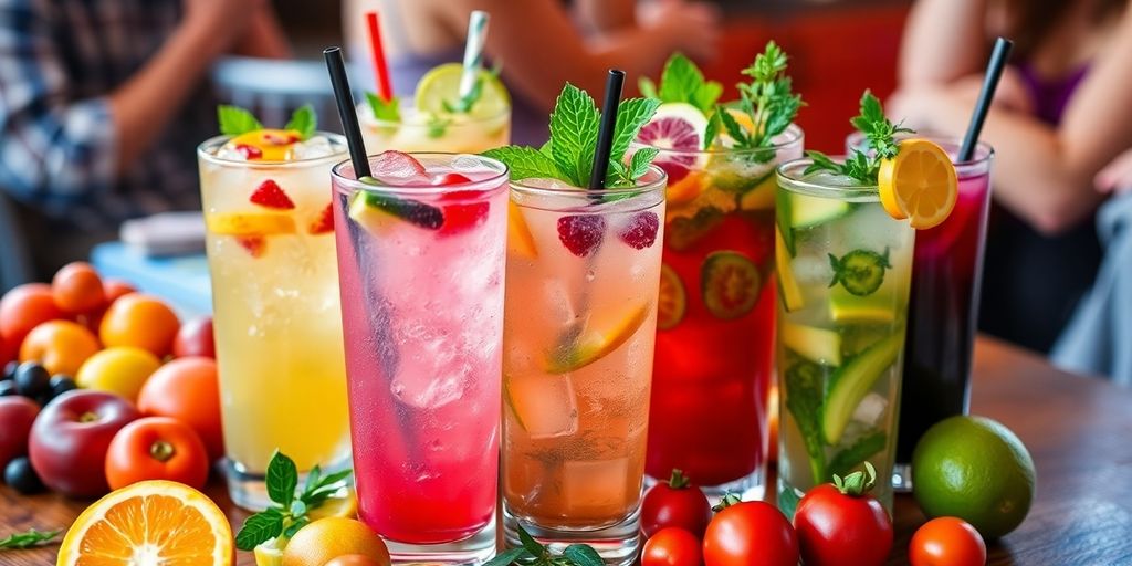 Colorful non-alcoholic drinks with fresh fruits and herbs.