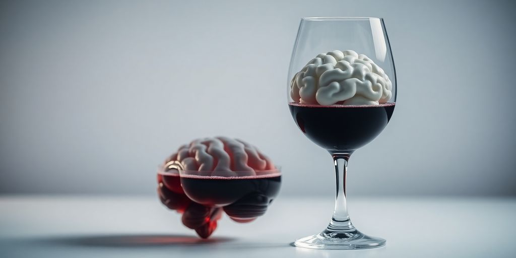Wine glass next to a brain model, illustrating dementia link.