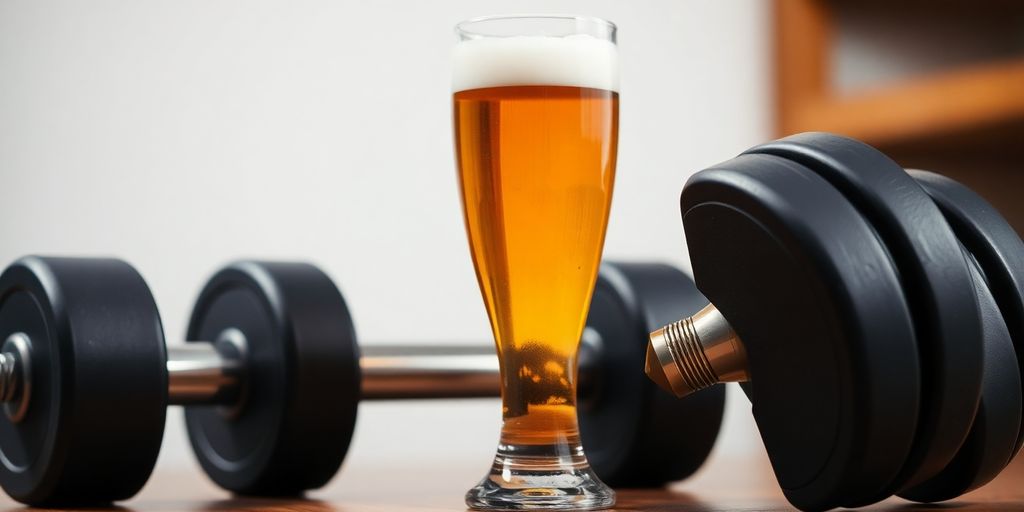 Dumbbell beside a glass of beer on a table.