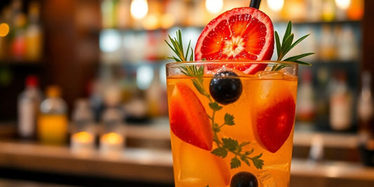 Colorful cocktail with fruits in a cozy bar setting.