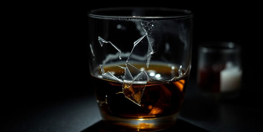 Broken glass with spilled alcohol on a dark surface.