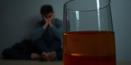 Glass of alcohol with a distressed person in background.