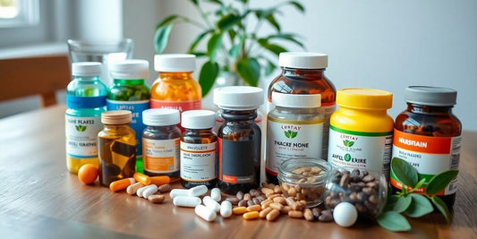 Various supplements for alcohol recovery on a wooden table.