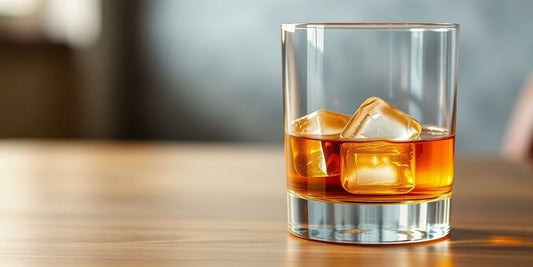 Close-up of whiskey glass with ice on a table.