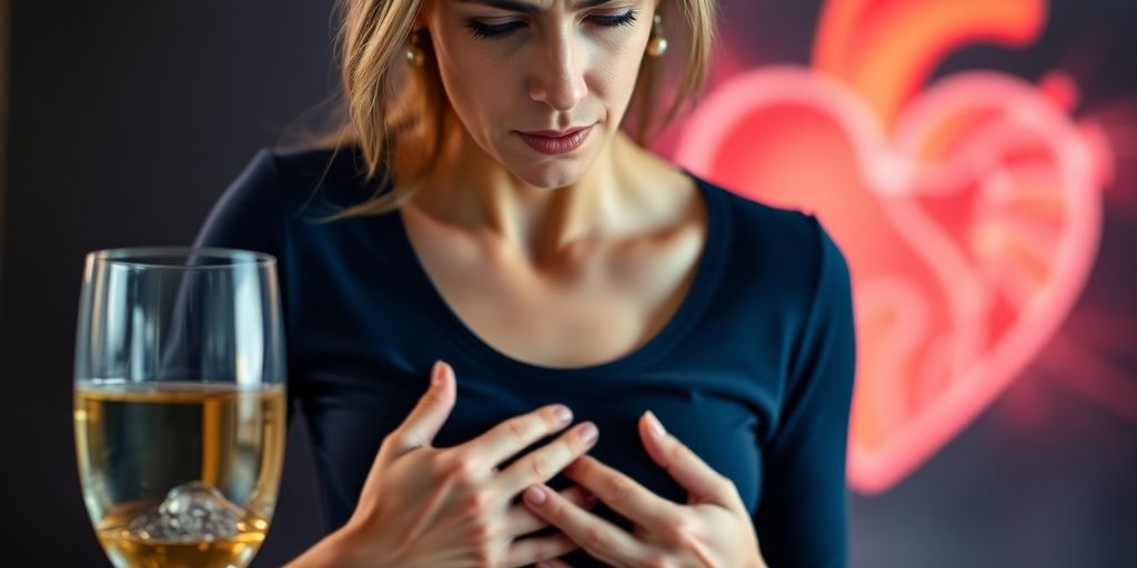 Woman with glass, worried about heart health and alcohol.