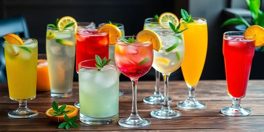 Colorful low and no-alcohol beverages in elegant glassware.