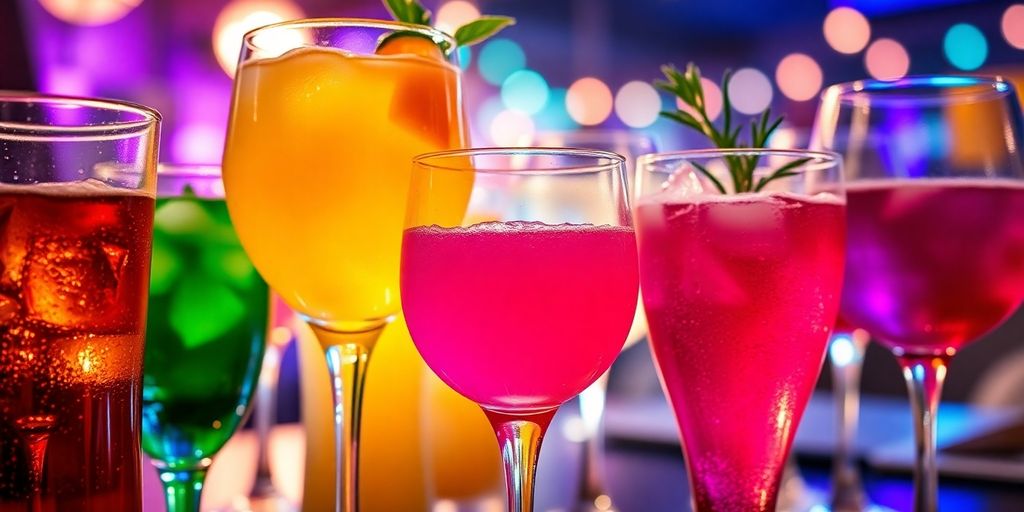 Colorful fizzy drinks in glasses at a party.