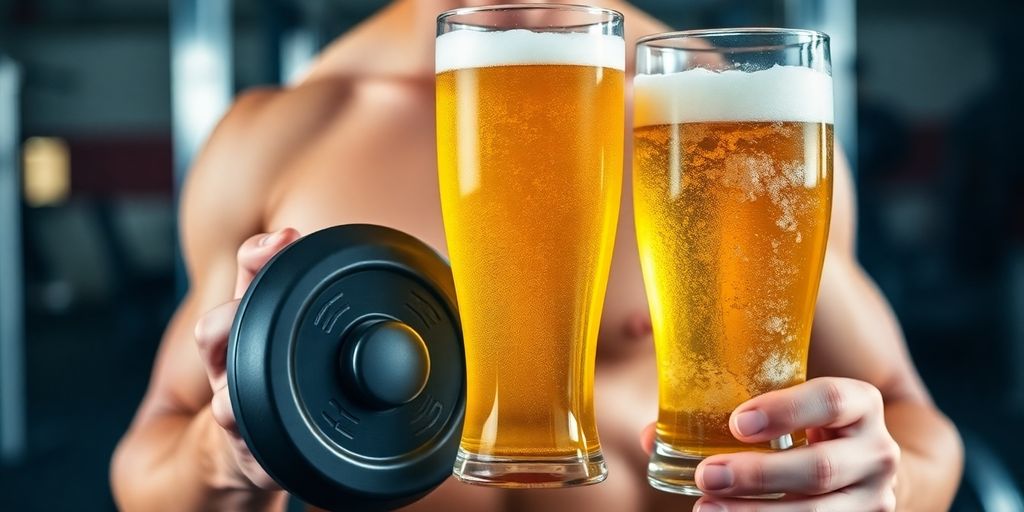 Weightlifter with dumbbell and beer in gym setting.
