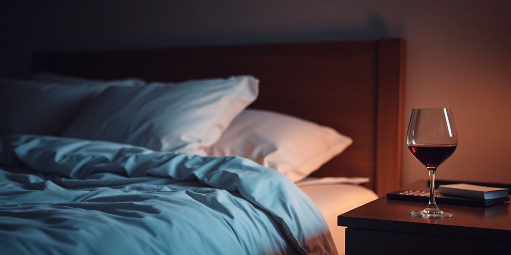 Bedroom with wine glass, highlighting alcohol and sleep.