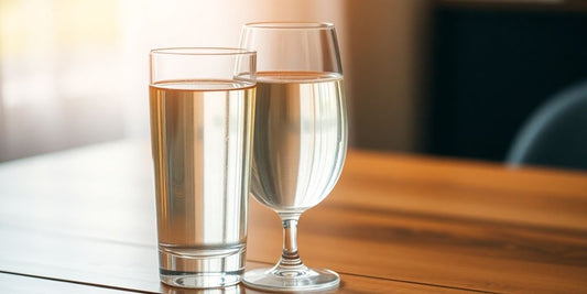 Water and wine glass on a table, promoting clear thinking.