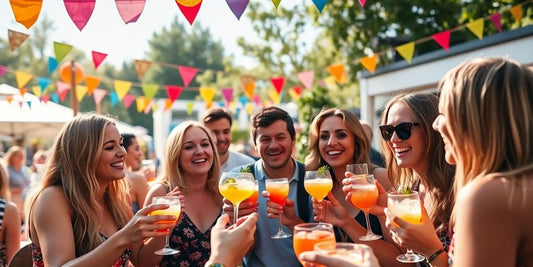 Friends celebrating with mocktails at a joyful outdoor party.